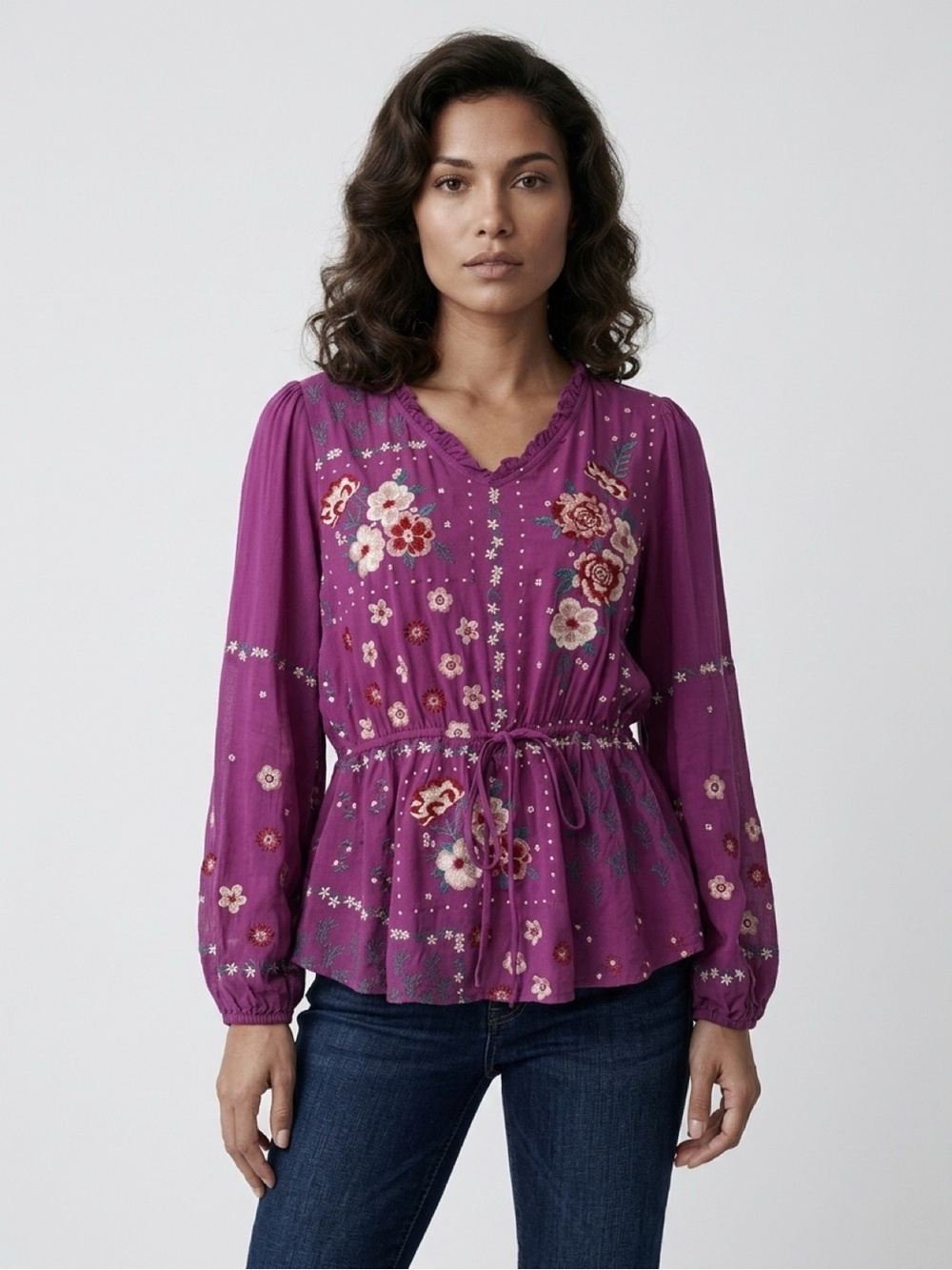 Savanna Jane Embroidered Peplum Blouse Purple Medium